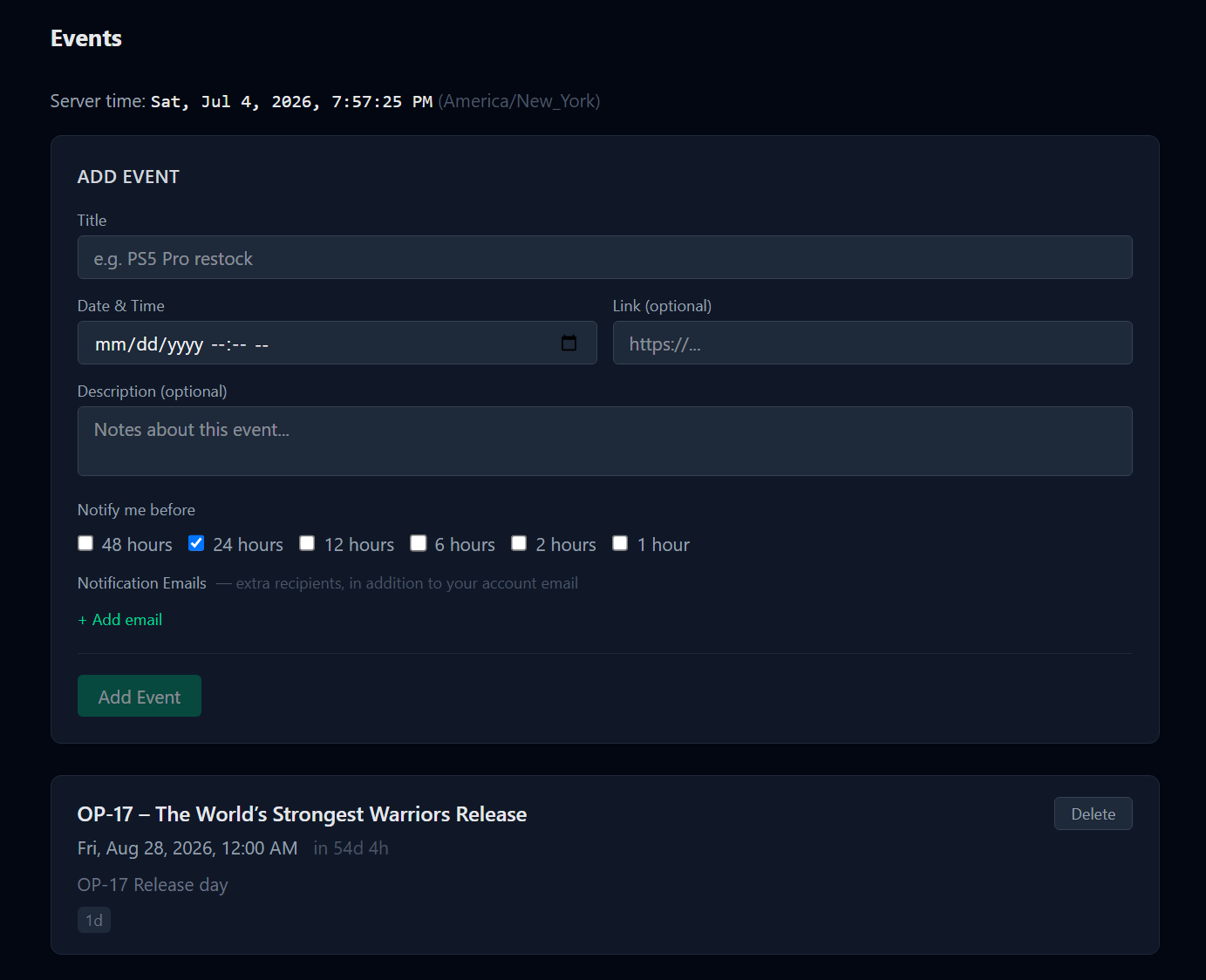 TCG Grimoire events: an upcoming set release with configurable email reminders