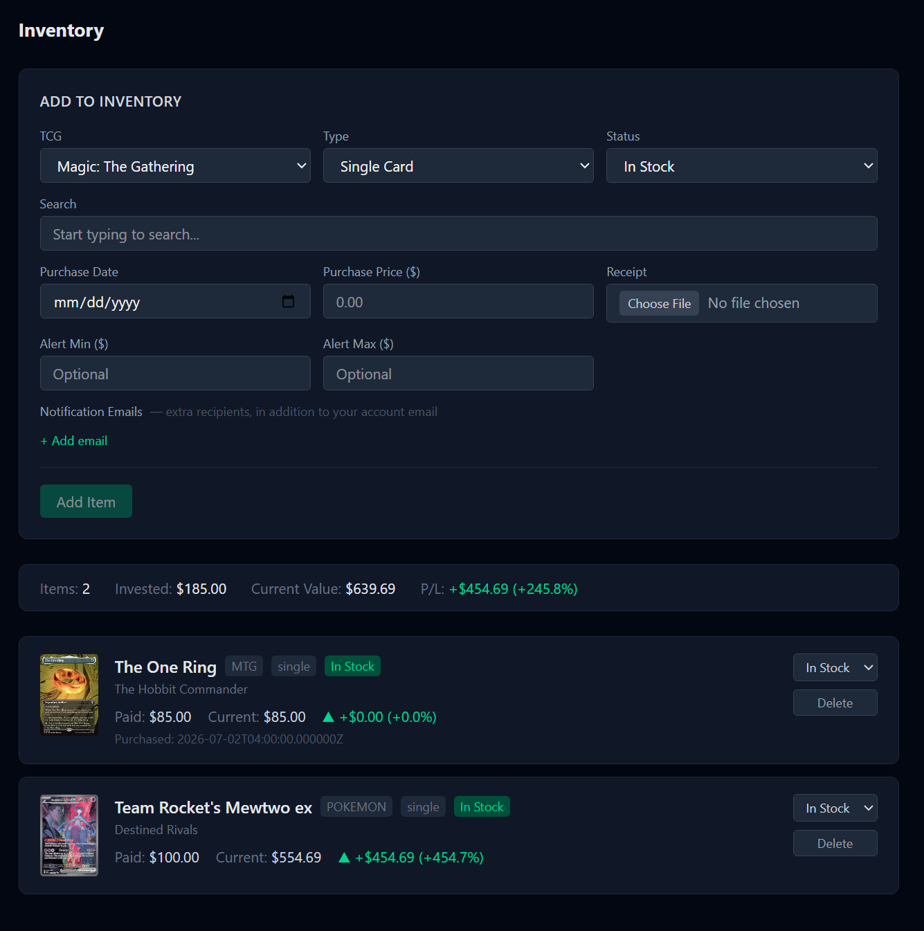 TCG Grimoire inventory: cards with paid vs current price, profit/loss, and stock status