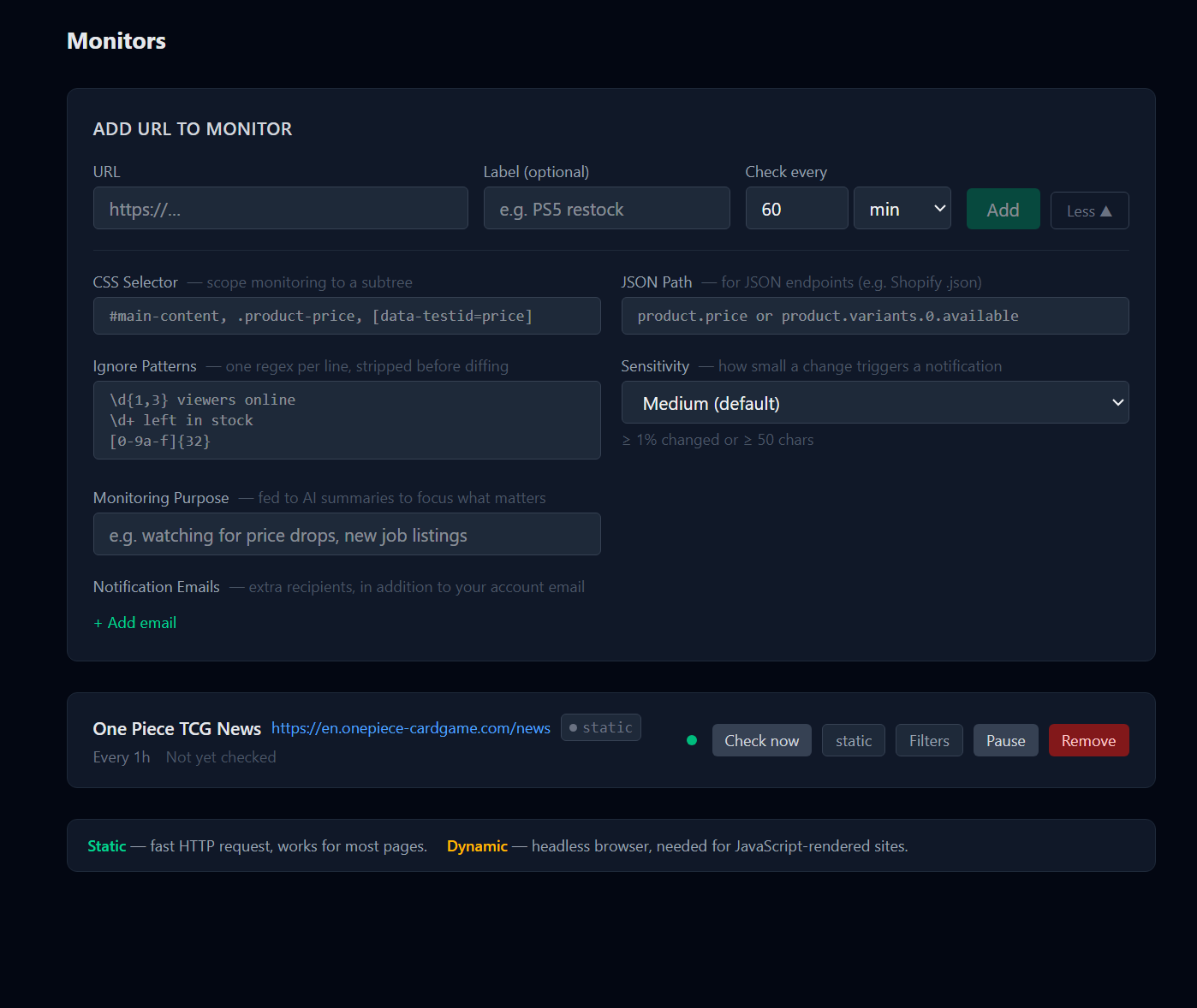 TCG Grimoire URL monitor: adding a shop page with CSS selector, ignore patterns, and sensitivity options